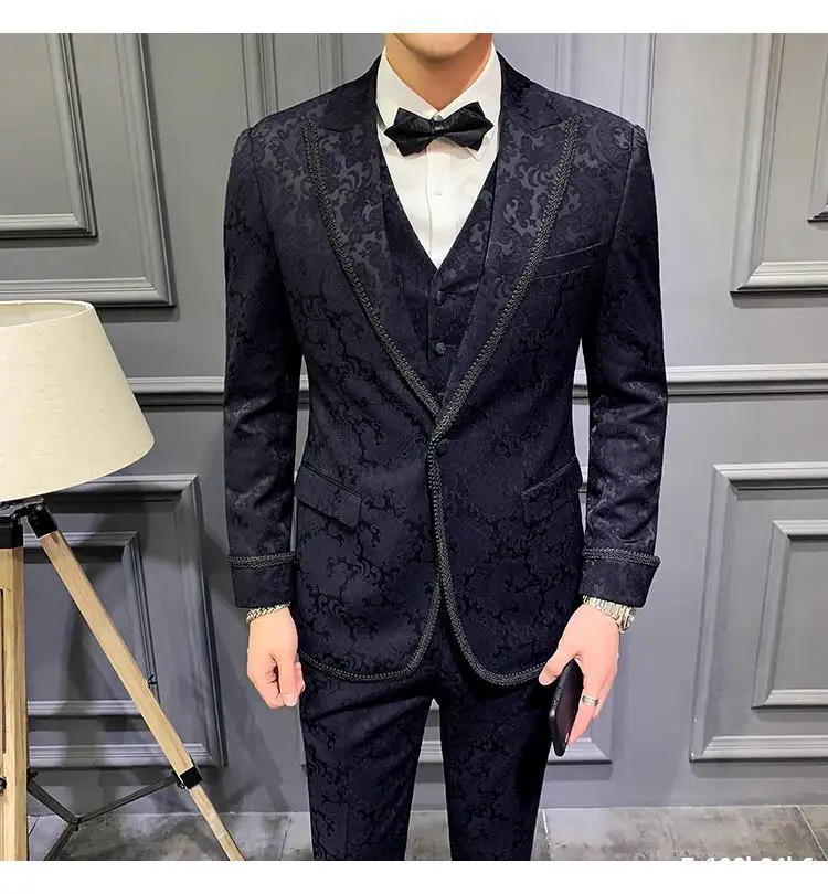 Mens Tuxedo Suit Jacket Wedding Dinner Party Slim Fit Printed Blazer Grey Blue 