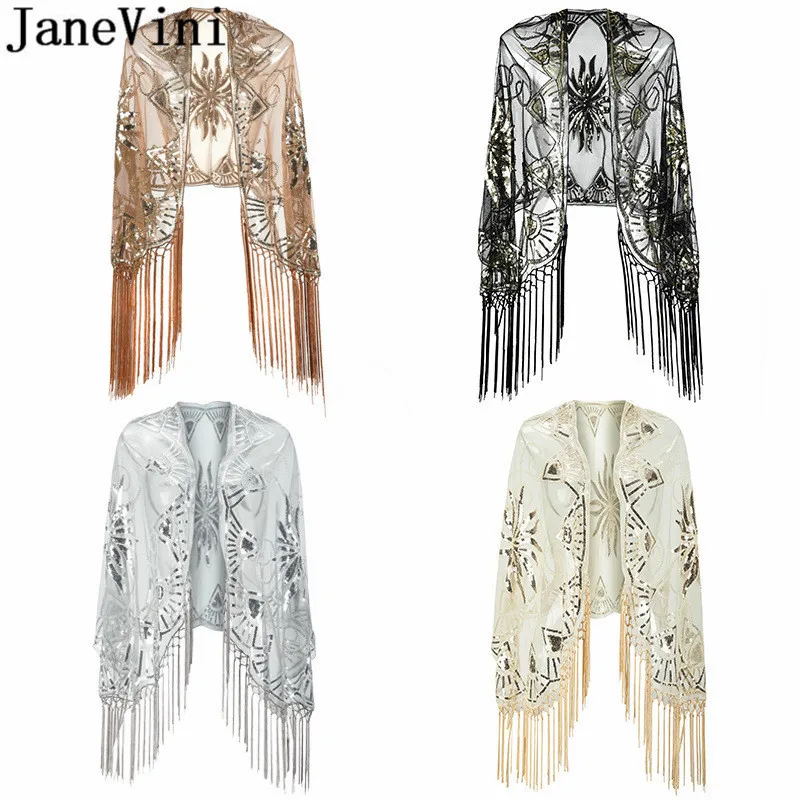 

JaneVini 2020 Bling Black Gold Sequins Shawls Wraps Bridal Bolero Long Tassels Beaded Short Cape Shrugs for Wedding Accessories