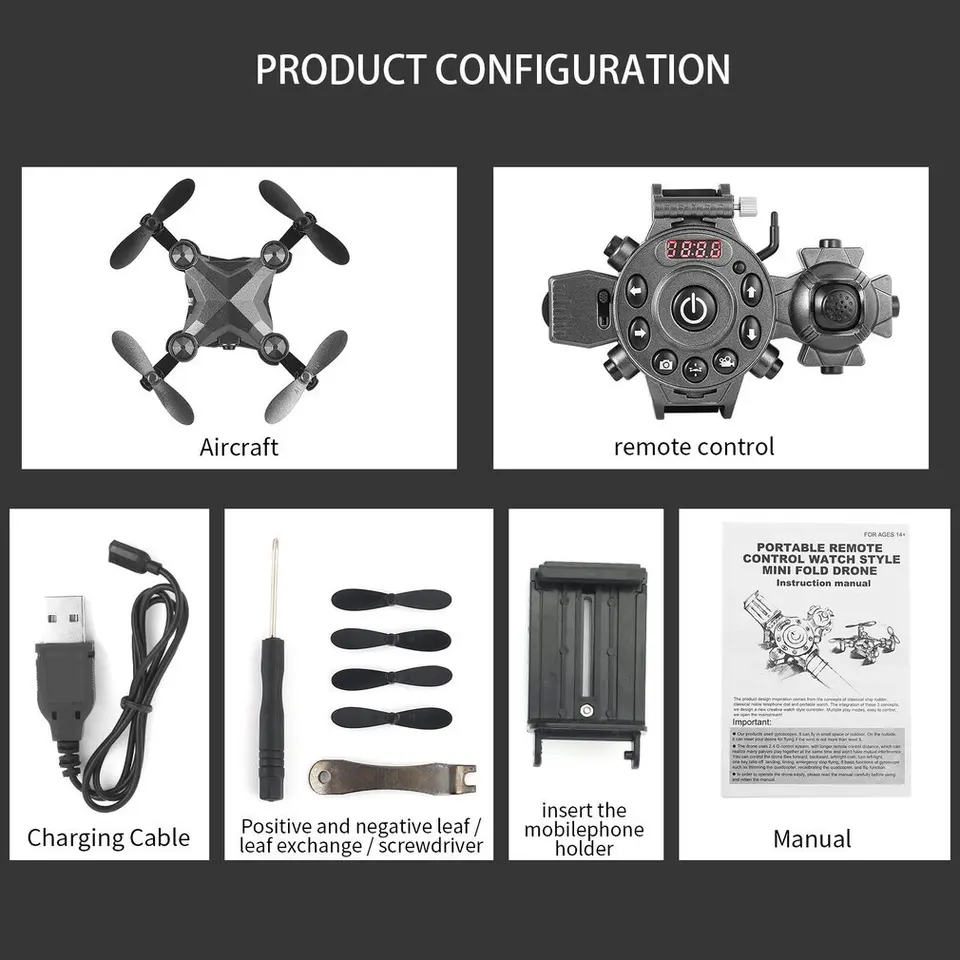 portable remote control watch style mini fold drone