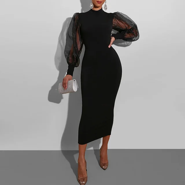 Mesh Puff Long Sleeve Bodycon Midi Dress Women High Neck Sexy Clubwear Split Pencil Black Slim Women's Party Dress 2022 Robe 1