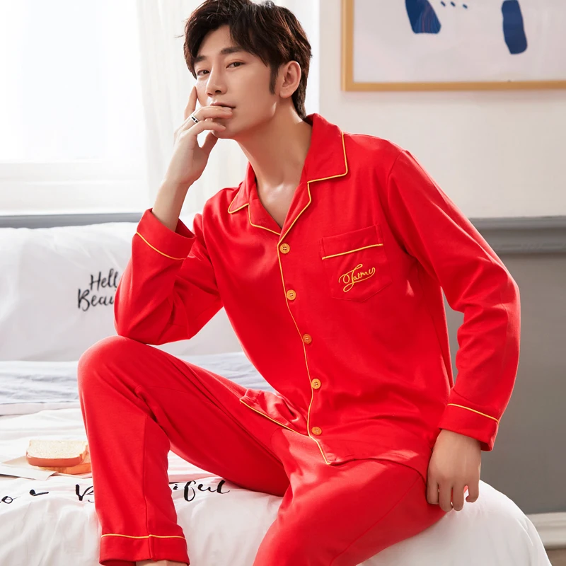 

Autumn and winter men's long-sleeved pajamas set, all-cotton comfortable and breathable wedding red pajamas