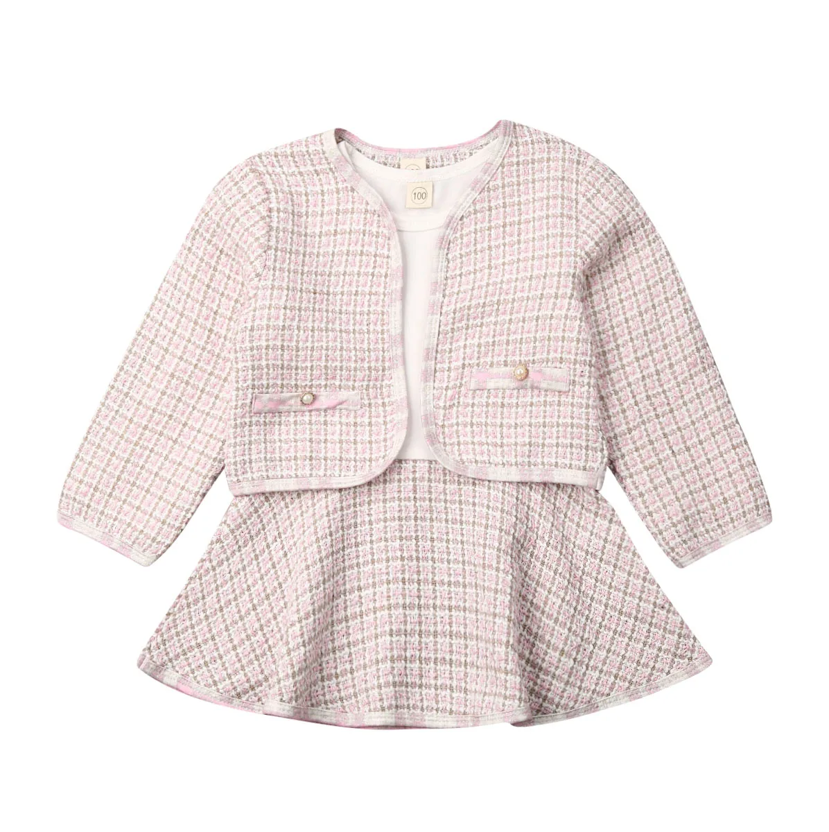 Осенние Вечерние наряды для маленьких девочек клетчатое пальто Топы, платье-пачка торжественный комплект - Цвет: Розовый