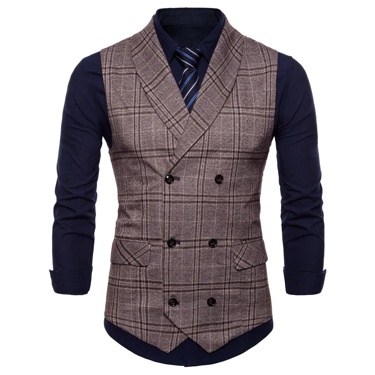 AliExpress Для мужчин двубортный деловой жилет, костюм Slim Fit клетчатые куртки с эластичной резинкой Для Мужчин's
