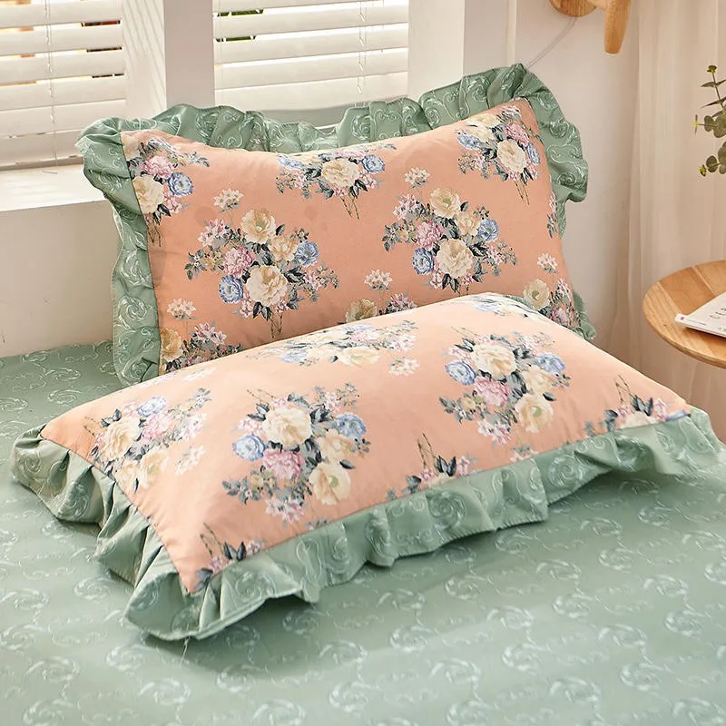 Peony Floral Girls Duvet Cover Set Soft Cotton Brushed Farmhouse Chic Blossom Ruffle 3/4Pcs Bedding set Fitted sheet Pillowcase