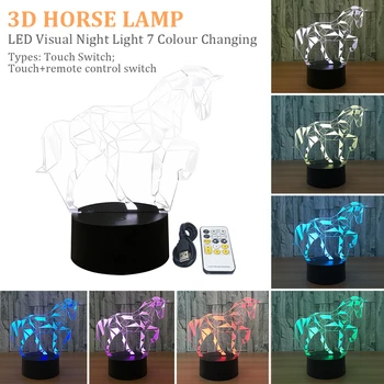

3D Horse Lamp Living Room Bedside Remote Control Desktop USB Rechargeable LED Visual Night Light 7 Colors Touchable Night Light