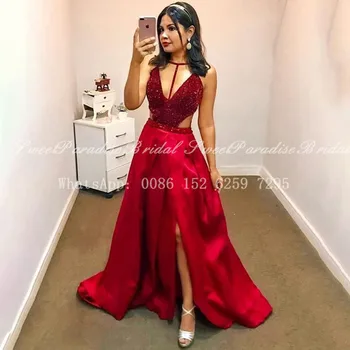 

2020 Red Satin Evening Dress Sexy Cutaway Sides Deep V Neck Side Split A Line Long Prom Dresses Party Gown Vestidos