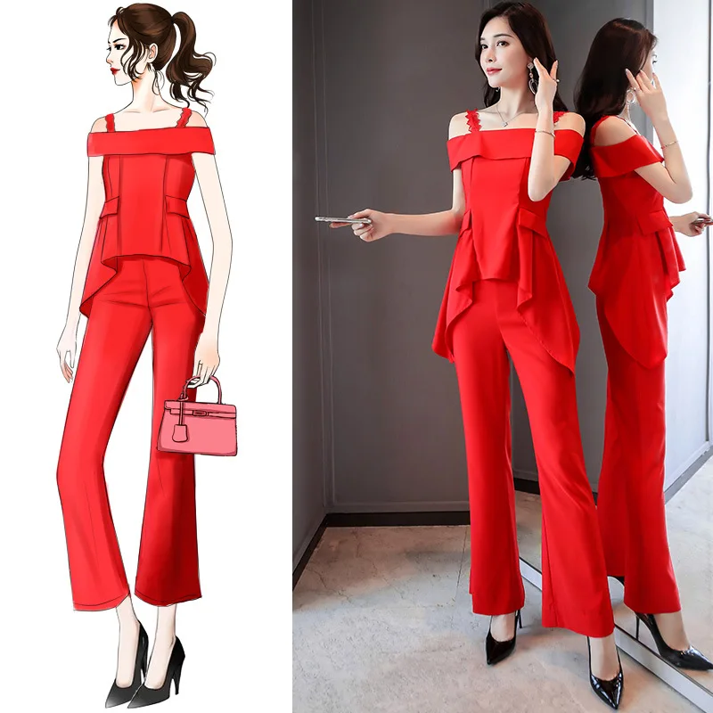 

2019 Summer Trend of Fashion Onesie Medium Waist with Camisole Solid Color off-Shoulder Tops Set