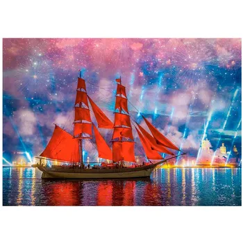 

Round full diamond landscape 5D diamond painting sea red boat DIY diamond embroidery kit home decoration gift