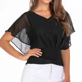 

New V-neck Batwing Sleeveside Zipper Flower Printing Top Chiffon Blouse Women's Shirts