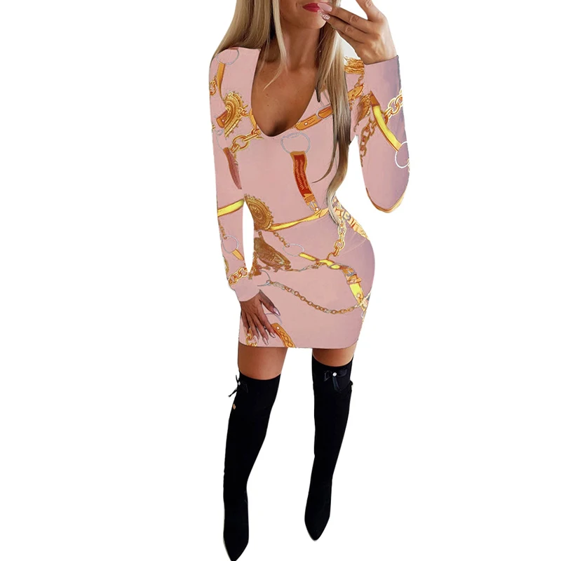as picture new elegant ladies dress fashion dress chain print long-sleeved sexy tight women short dress - Цвет: as picture