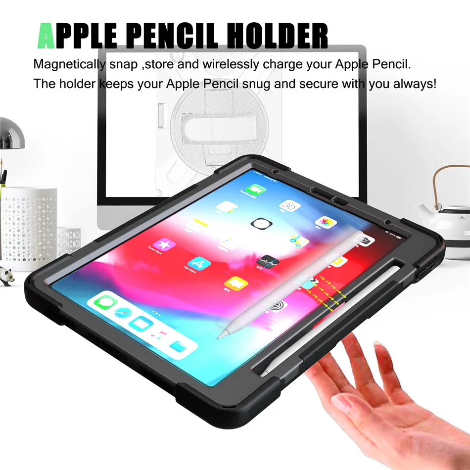 Для Apple New iPad Pro 11 с держателем для карандашей,(поддержка зарядки карандашей) Детская безопасная Броня крышка ремешок на руку и плечевой ремень