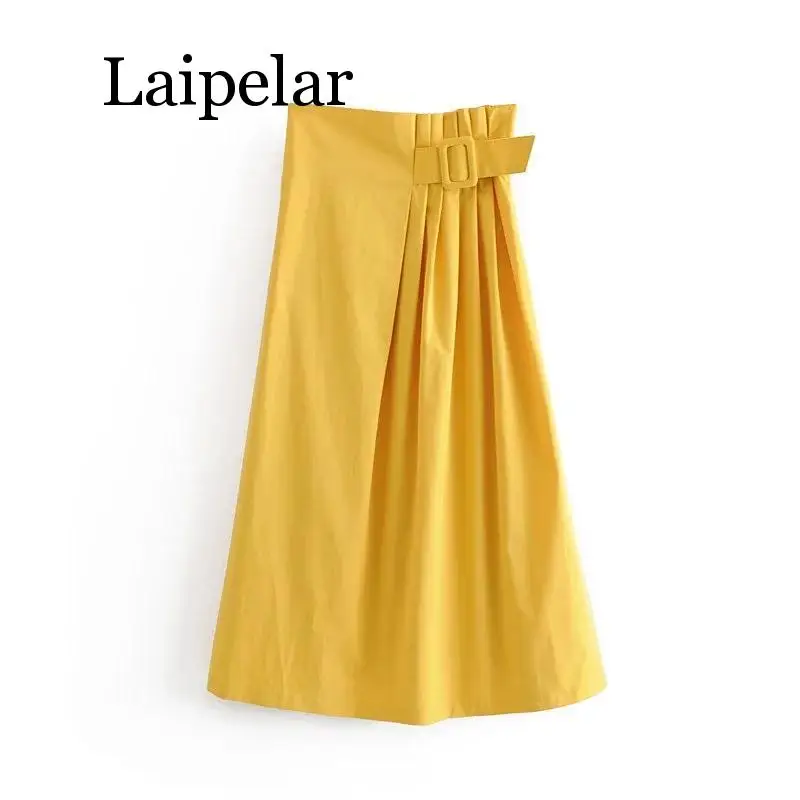 

Women yellow cotton skirts 2020 fashion ladies summer pleated high waist skirt with belt girls street-wear bottoms