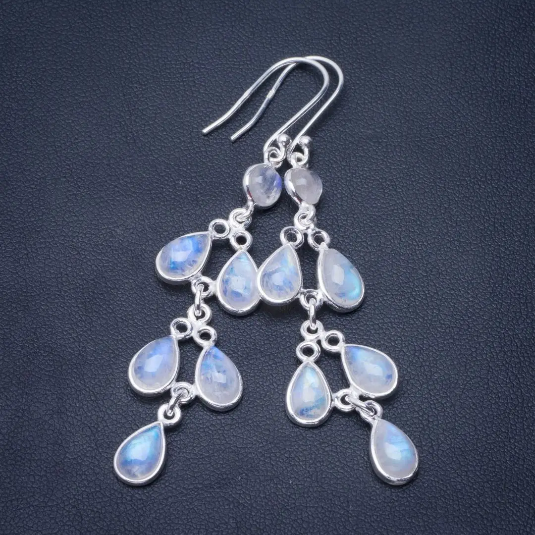 

Natural Rainbow Moonstone Handmade Unique 925 Sterling Silver Earrings 2.75" B2014