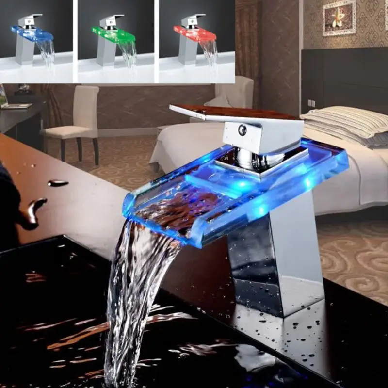 

Cool Led Square Waterfall Faucet Hot And Cold Water Bath Temperature Control Color Light Glass Washbasin Faucet Creative Home Im