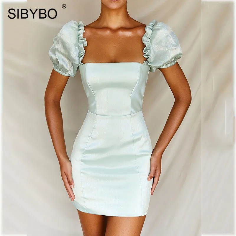 Light Blue SIBYBO Slash шеи атласное мини облегающее платье короткий рукав облегающий летнее женское платье с открытой спиной Женские повседневные платья - Цвет: Light Blue