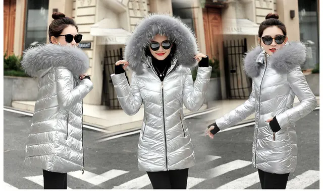 Buy HANGON Women Winter Jackets Long Warm Coat Silver Color Style Female  Jacket Wide Fur Collar Ladies Parka Abrigos Mujer invierno at