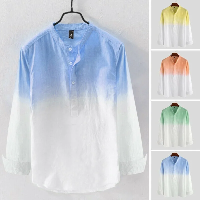 ICCLEK Mens Shirts Fashion Longsleeve Shirt Hemp Shirt Summer Casual Tops Thin Color Matching Gradient Cotton Linen Clothing