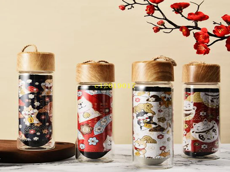 360ML Japanese style wind insulation cloth cover with glass water cup with handle cup