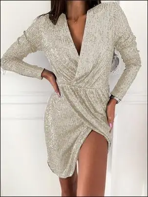 Модное сексуальное женское платье с блестками, с глубоким v-образным вырезом, с рюшами, с длинным рукавом, осеннее платье, женские вечерние платья для ночного клуба, облегающее платье, vestid - Цвет: Sliver