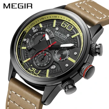 

Top Luxury Brand MEGIR New Fashion Mens Watches with Leather Strap Sport Chronograph Quartz Watch Men Relogio Masculino