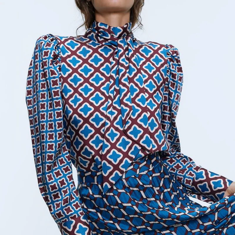 Skup Damska koszula z długim rękawem jesień 2019 nowych moda geometryczne wzory wzór Modern Lady bufiaste rękawy bluzki bluzki