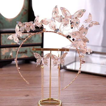

New Retro Gold Butterfly Crystal Tiaras and Crowns Long Tassel Earrings Jewelry Sets Women Girl Bride Wedding Hair Accessories