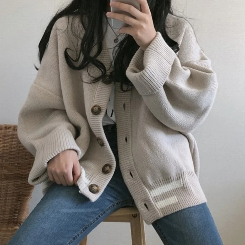 Women Casual Striped Sweater Cardigan Female V-Neck Tops Oversized Long Sleeve Single Breasted Sweater Coat