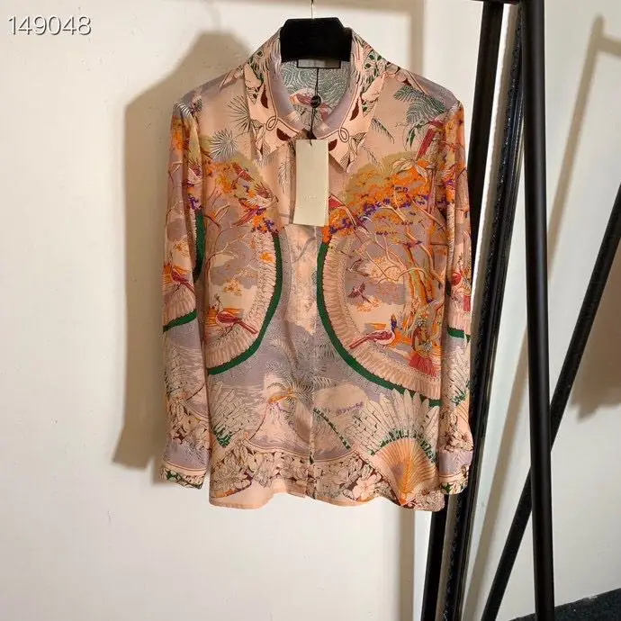 

2020 Luxury Women Fashion Runway Blouse Long Sleeve Lapel Neck Single Breasted Floral Print Shirt Office Lady Elegant Pink Silk