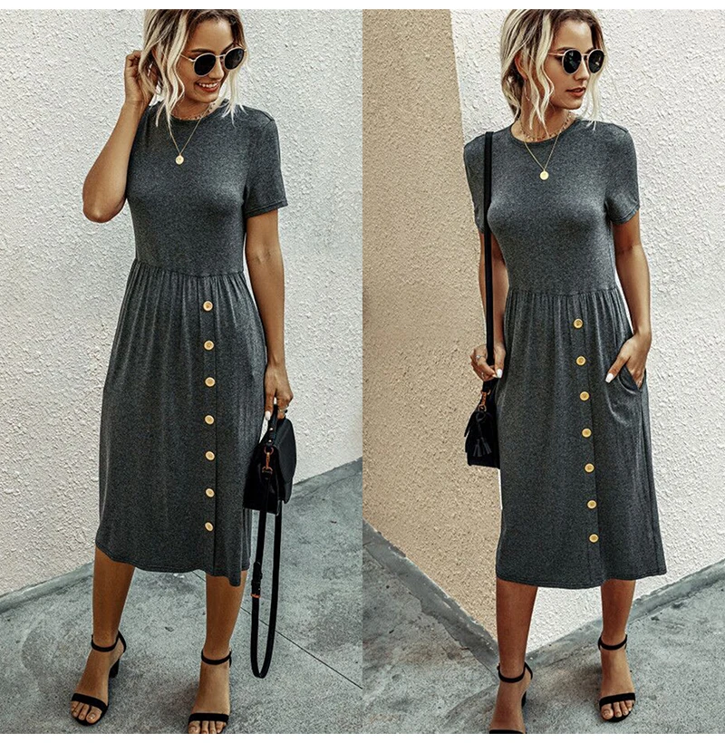 Summer Tshirt Long Dress Knitted Casual Women Button Up Pocket Midi ...