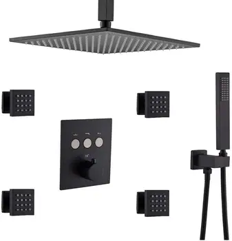 

Shower System Set with Body Sprays, Matte Black Bathroom Brass Shower Faucet, Allows Multiple Shower Heads to Work At a Time