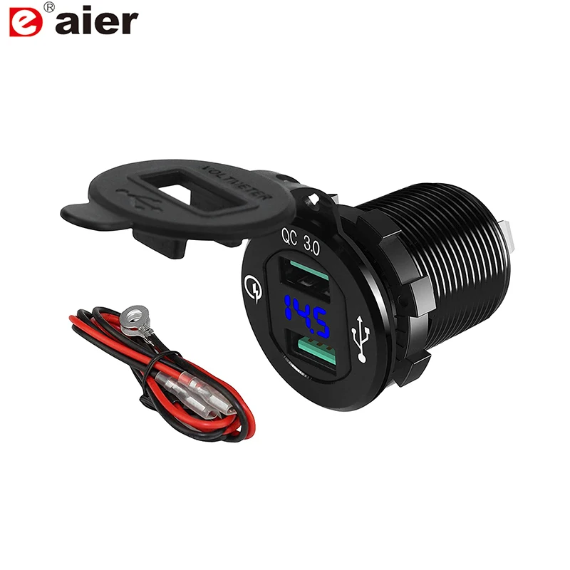 

Quick Charge 3.0 Dual USB Charger Socket Waterproof Aluminum Power Outlet Fast Charge with LED Voltmeter for 12V/24V Car Boat