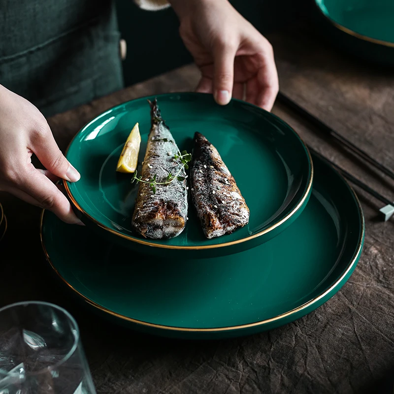 RUX японский стиль зеленая керамическая золотая инкрустация тарелка высокого
