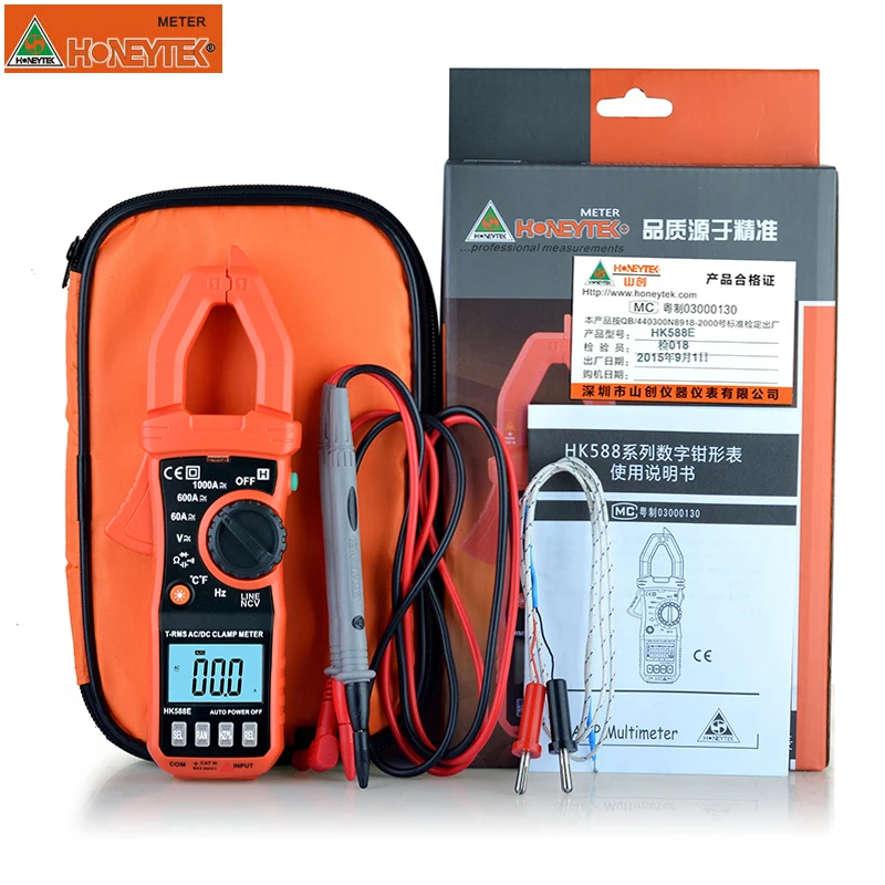 HONEYTKE Clamp Meter True rms Pliers Ammeter AC/DC Vlotage Current Digital Multimeter With Thermocouple Capacitor Tester HK588E