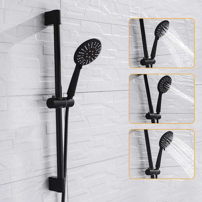 Black 3 Function ABS Hand Held Shower Head High Pressure Rain Shower Sprayer Set Wall Mount Slide Bar with Hook and Bracket