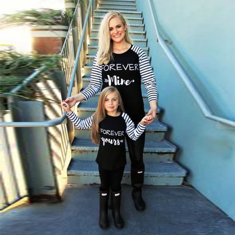 

bunvel Mommy and Me Clothes T Shirt Patchwork Striped Printed Mother and Daughter Clothes Letter Pattern Baby Girl Clothes f