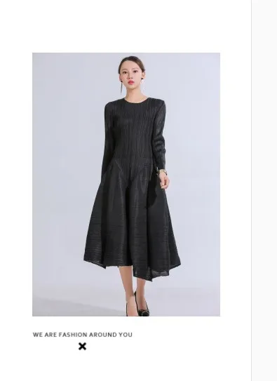 Черный Miyake/ ; модное однотонное платье с круглым вырезом и длинными рукавами; бутон платье; Лидер продаж - Цвет: Черный