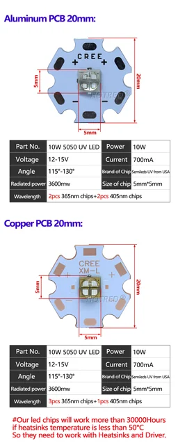 12v 10w Xml 5050 Semileds High Power Uv Purple Led Chip 365nm 405nm Cree  Lamp Diode Led Phosphor Lighting For Printer Curing Fla - Light Beads -  AliExpress