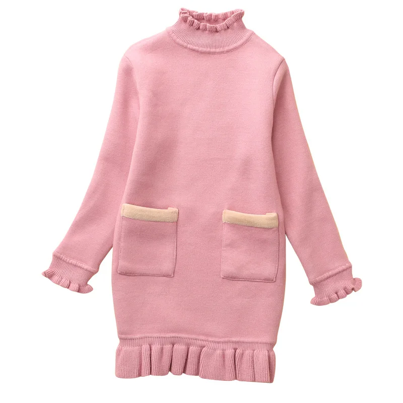 Pink Sweater Свитер для девочек; зимние топы с длинными рукавами; водолазка; плотные вельветовые свитера; свитер средней длины; воротник с оборками и низ - Цвет: Pink Sweater