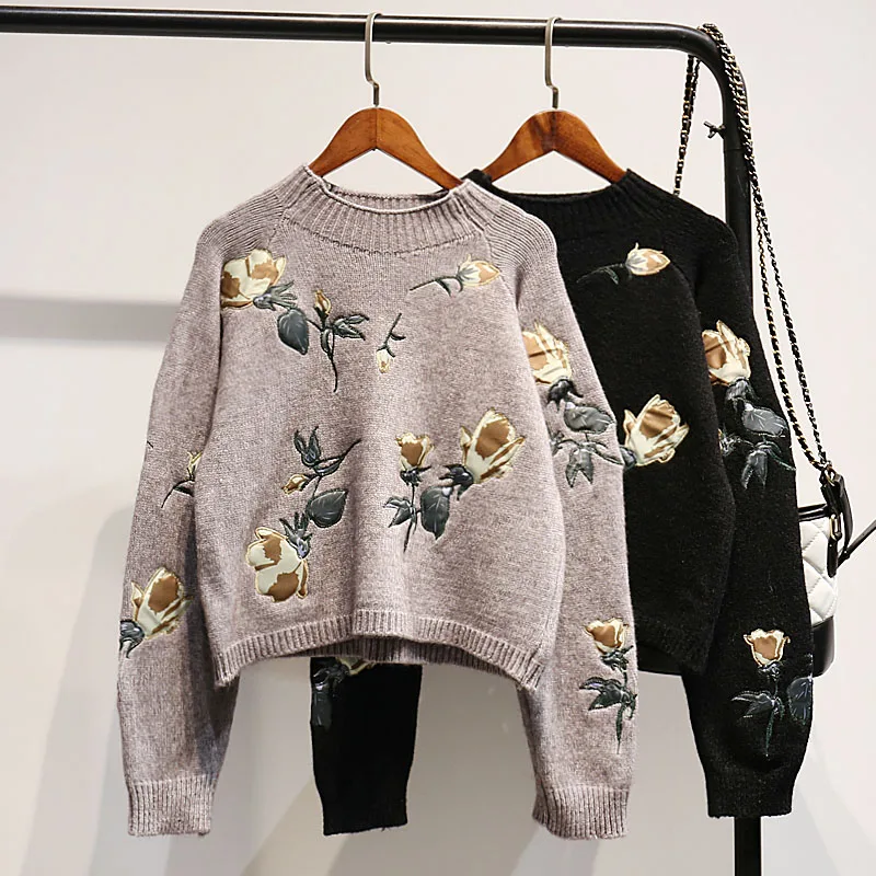MUMUZI casual flower Sweater Women crewneck spring autumn female Knitted sweater Pullovers long Sleeve chic Soft Jumper tops