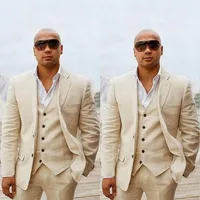 Custom Linen Summer Beach Wedding Groom Tuxedo Slim Fit Men Suits Handsome Best Man Blazers 3pcs Jacket Pant Vest Groomsmen Prom