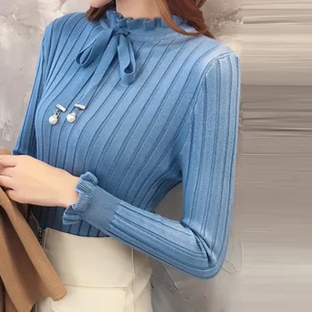 

Turtleneck woMen Sweater Fashion Off White Women Top Knitting Shirt Long Sleeve Sweater Bow Tie Bandage Elegant Blouse Jumper