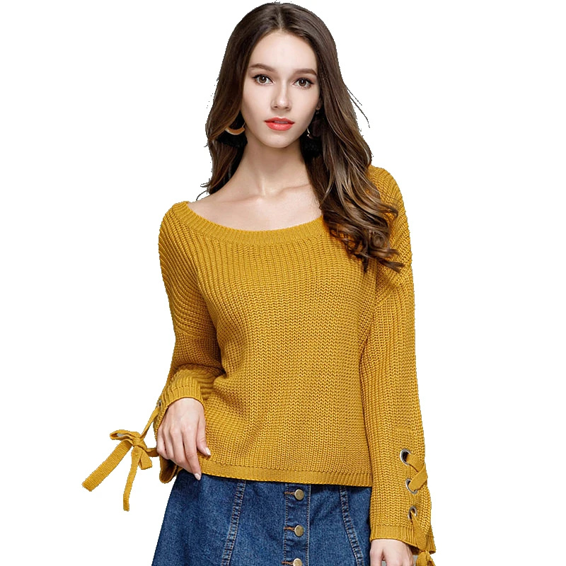 

Cute Lace Up Bell Sleeve Mustard Crop Top Sweater for Women Kawaii Ladies Drop Shoulder Flare Sleeve Cropped Pullover Jumper
