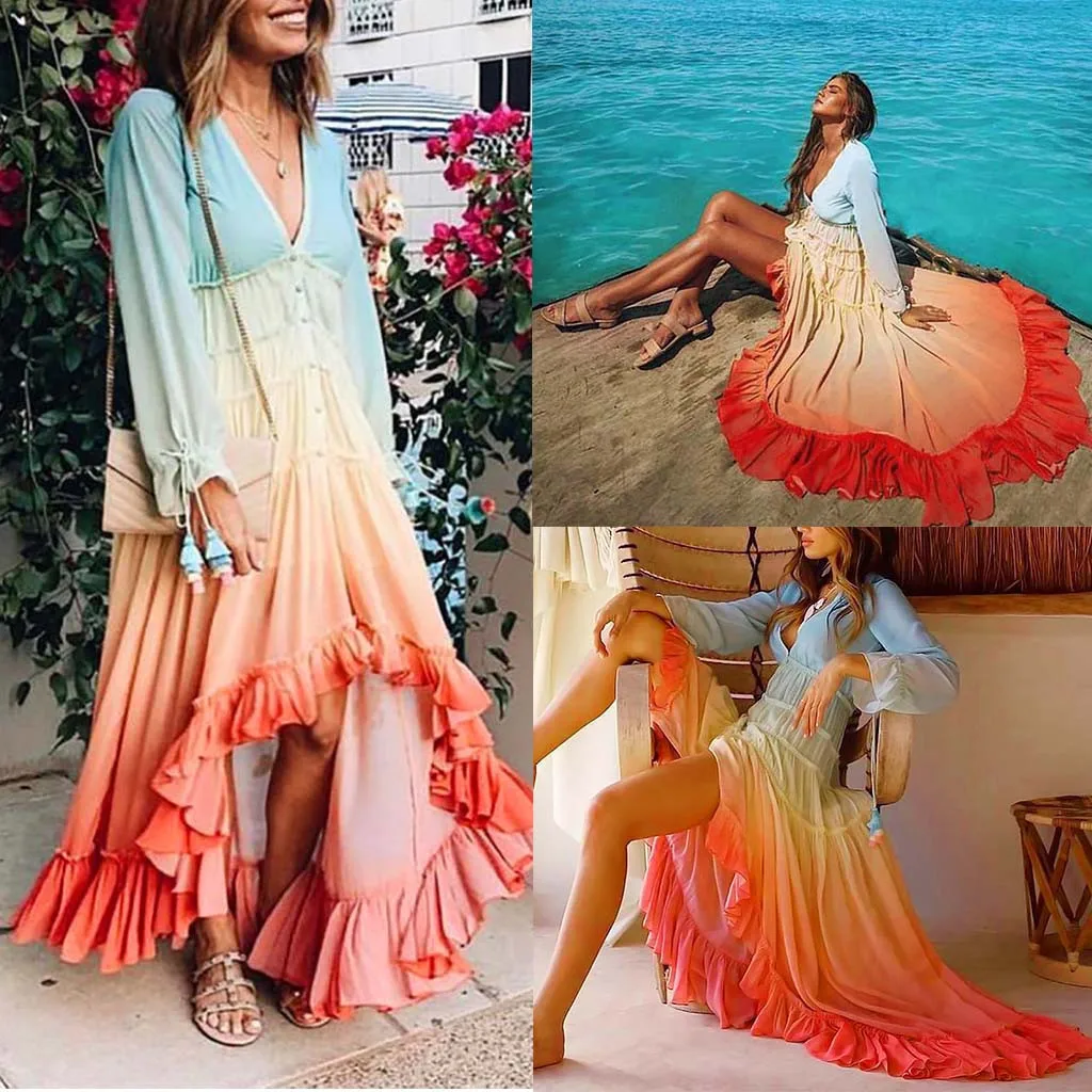 Boho Vrouwen gradiёnt V hals Button Vouw Losse Lange Jurk сексуальные женские пляжные вечерние платья