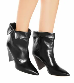 

US4-11 Women Pointed Toe Ankle Boots Spike High Heel Genuine Leather Western Shoes Fashion Black Plus Size 3Colors New 2020