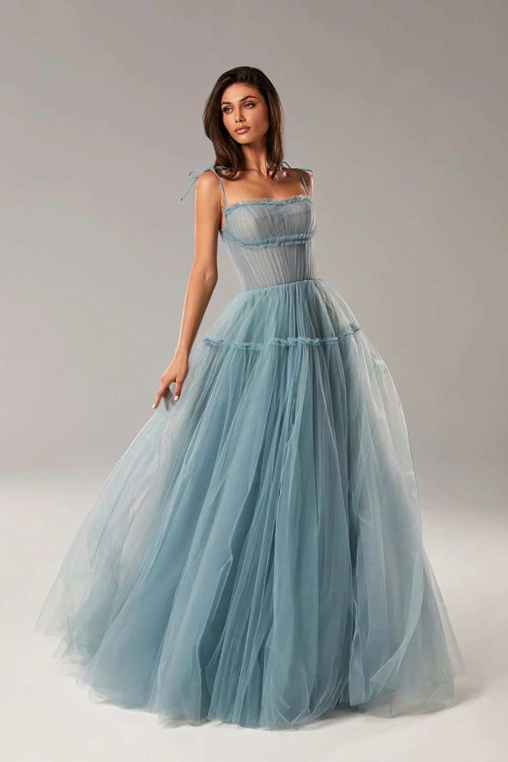 Sevintage Blush Roze/Blauw Lange Prom Dresses 2021 Spaghettibandjes Tiered Rok A-lijn Party Jurken Plisse Tulle Formele Gowns