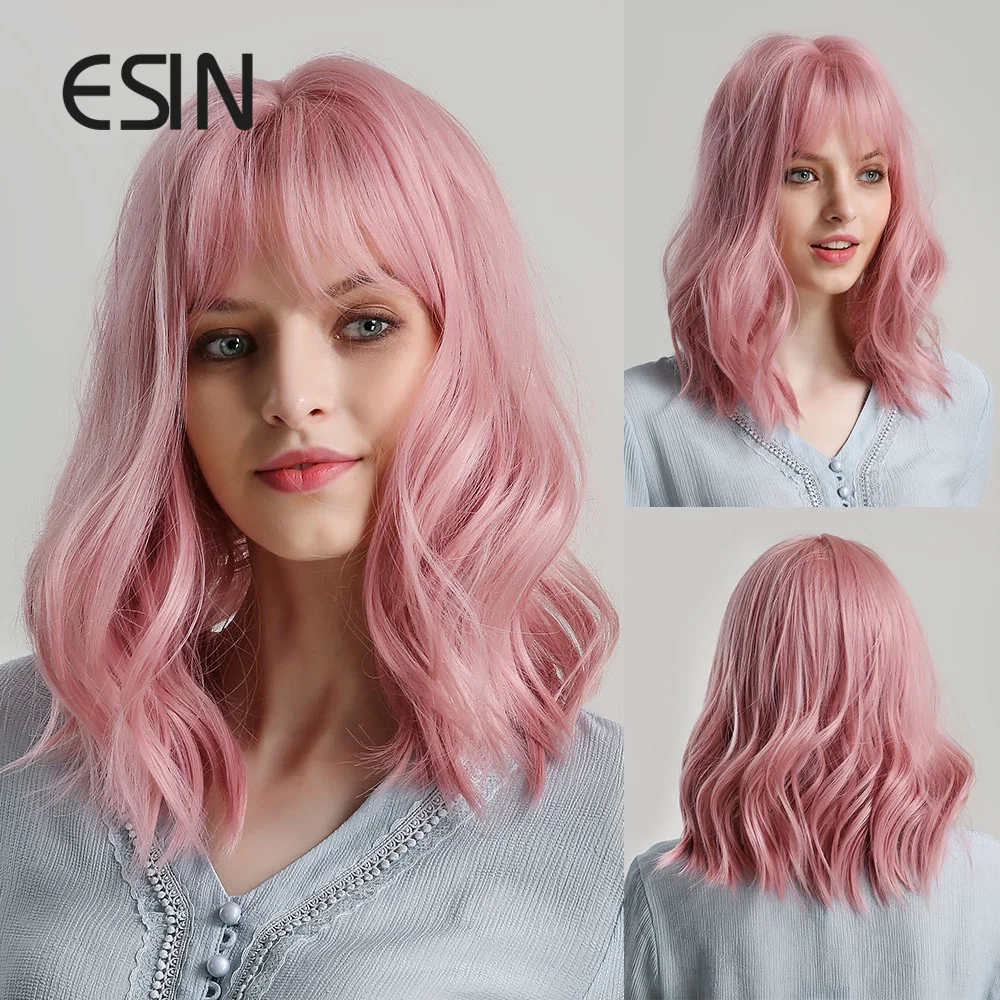 ESIN Synthetic Pink Medium Long Loose Body Wave Wig with Bangs Cosplay Daily Natural Wigs for Women Heat-resistant Hair