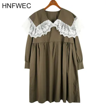 

Japanese Style Lace Doll Collar Dress Women Loose Plus Size Long Sleeve College Style Lovely Women Clothes 2020 V905