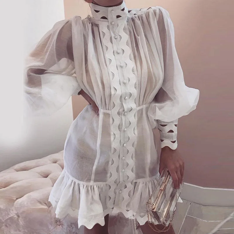 

Fanco Hollow Out Short Dress Women Stand Lantern Sleeve High Waist Solid Slim Mini Dresses Female Fashion Spring New