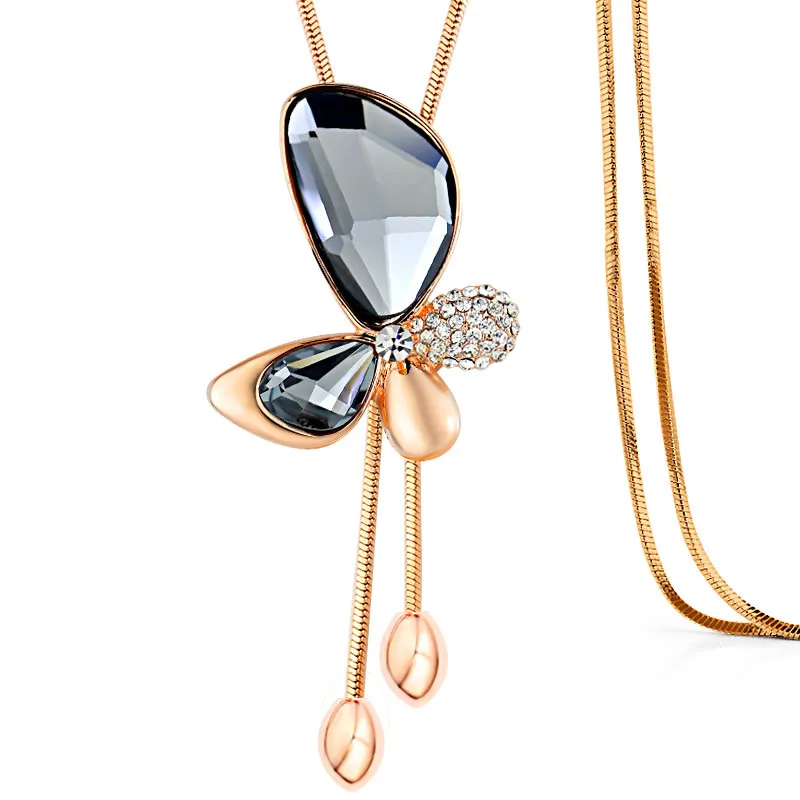 

CN00019 Fashion Butterfly Sweater Chain Simulated Crystal Zircon Long Pendant Necklace Female Tassel Necklace