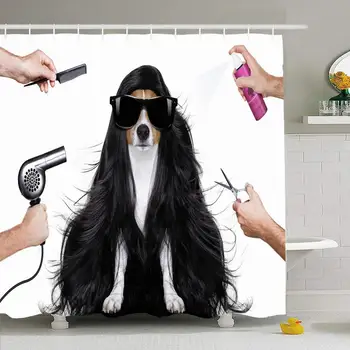 

Shower Curtain Set with Hooks 60x72 Hairdresser Comb at Dog Ready Hairdryer Look Beautiful by Animals Wildlife Beauty Barber